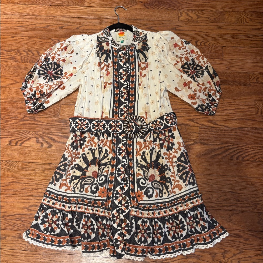 FARM Rio White, Black and Brown Mini Dress with beaded belt and buttons